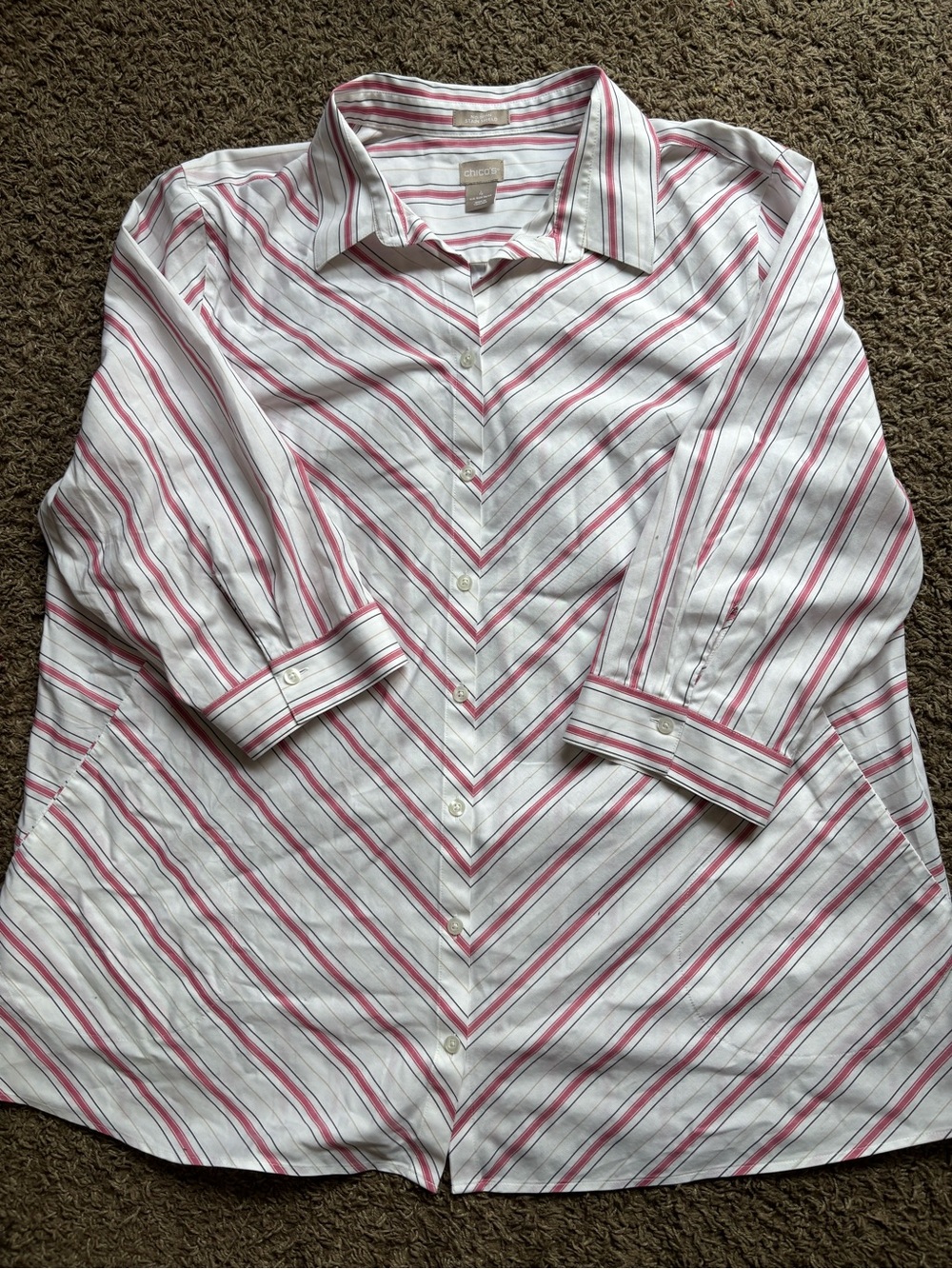 Chico's White Button-Up Shirt with Pink & Light Gray Stripes
